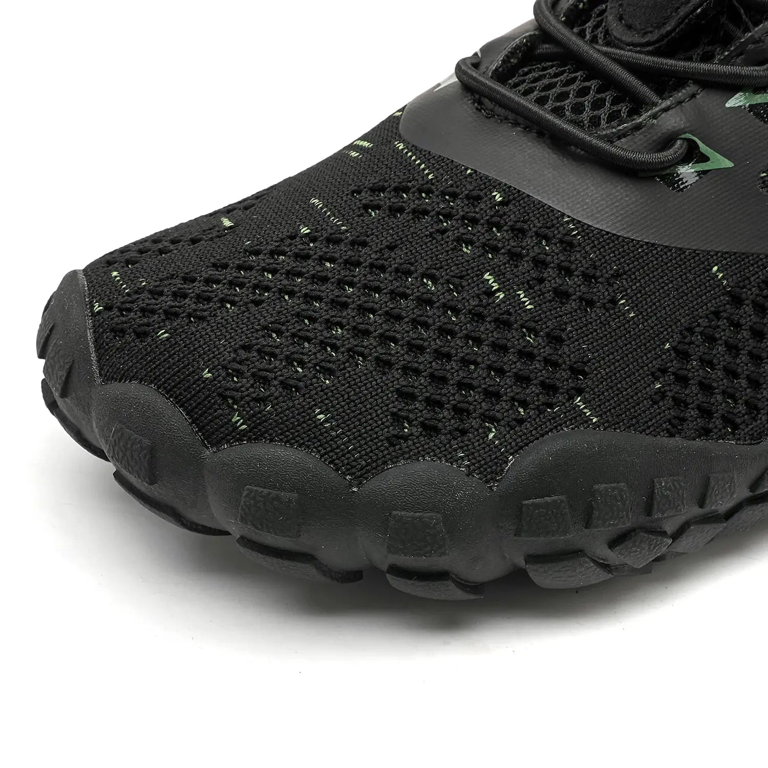 Black men's trail running shoe with knit mesh upper and rugged outsole