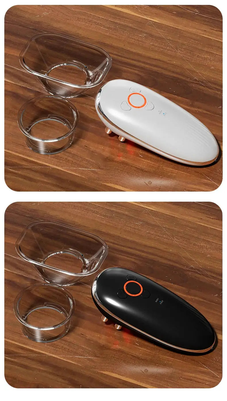 Face and body sculpting massager devices pair in white and black with two clear cupping attachments