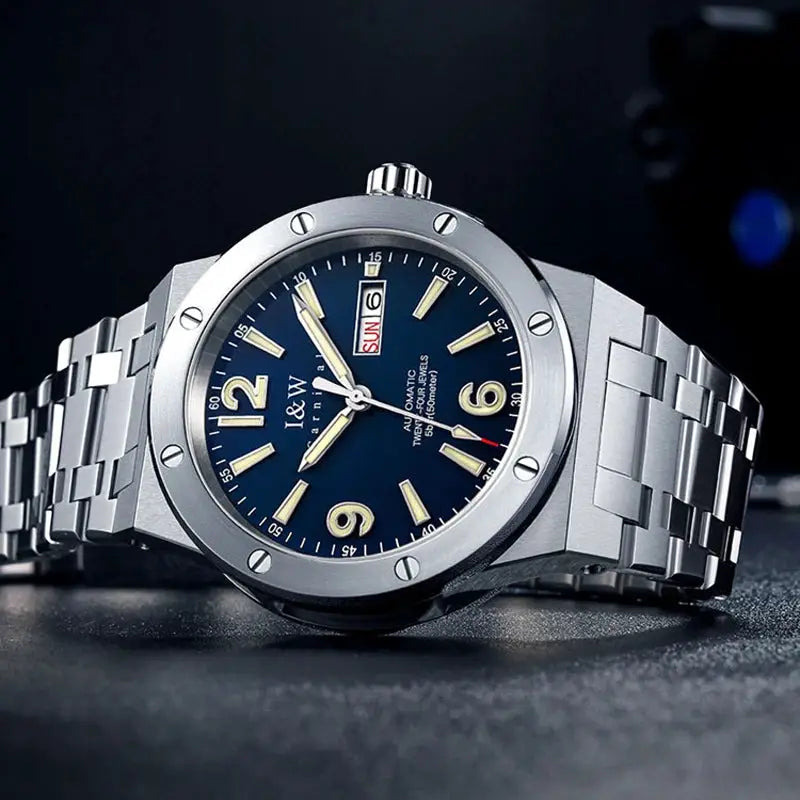 Men's IW luxury sapphire automatic watch with blue dial and stainless steel bracelet, 50M water resistant