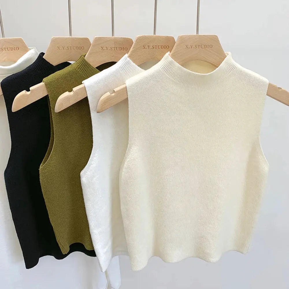 NovaWeave Womens Knit Vest Tank Top Cropped Solid Color Camisole With Half Turtleneck For Spring To Autumn