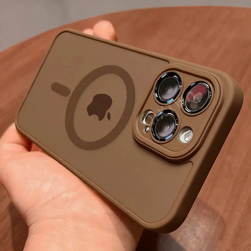 Luxury Matte Armor MagSafe iPhone case in tan, shockproof with wireless charging compatibility (iPhone 11–17)