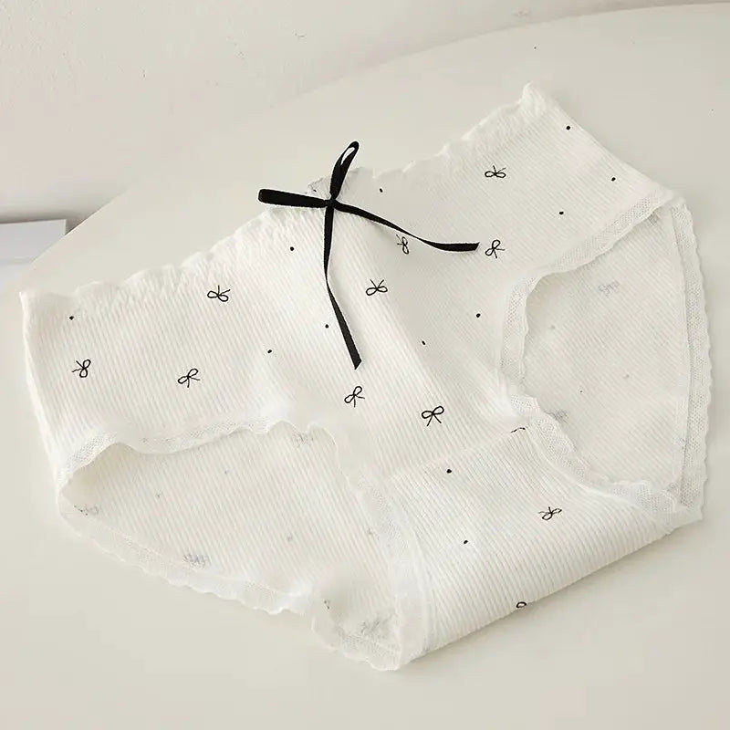 Simples Market white ribbed seamless underwear panty with lace trim and small black bow accents, M-XL