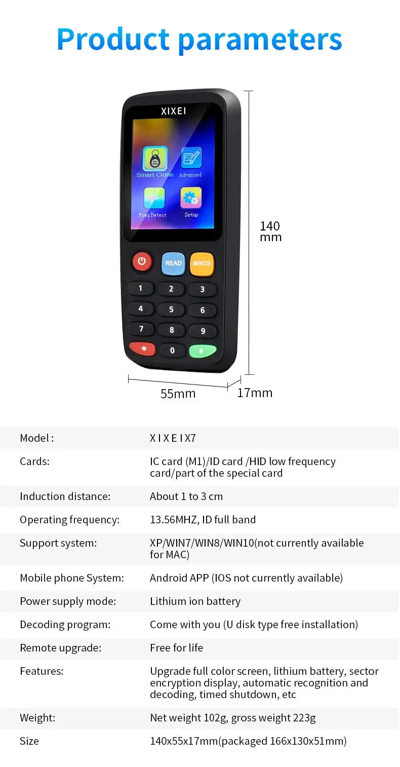 Simples Market X7 black handheld RFID reader with keypad and color touchscreen, 125kHz/13.56MHz NFC