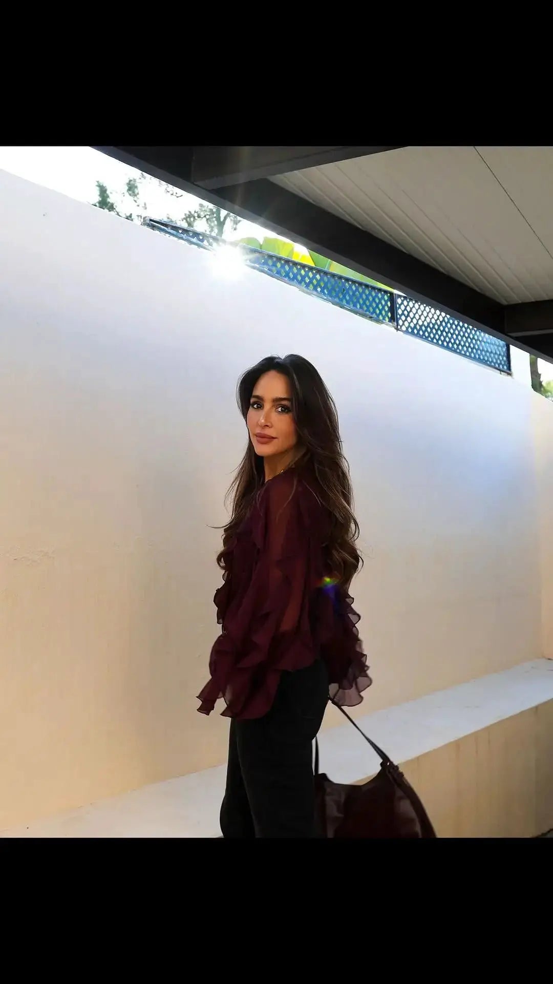 YENKYE burgundy semi-sheer ruffle blouse with long sleeves and front buttons