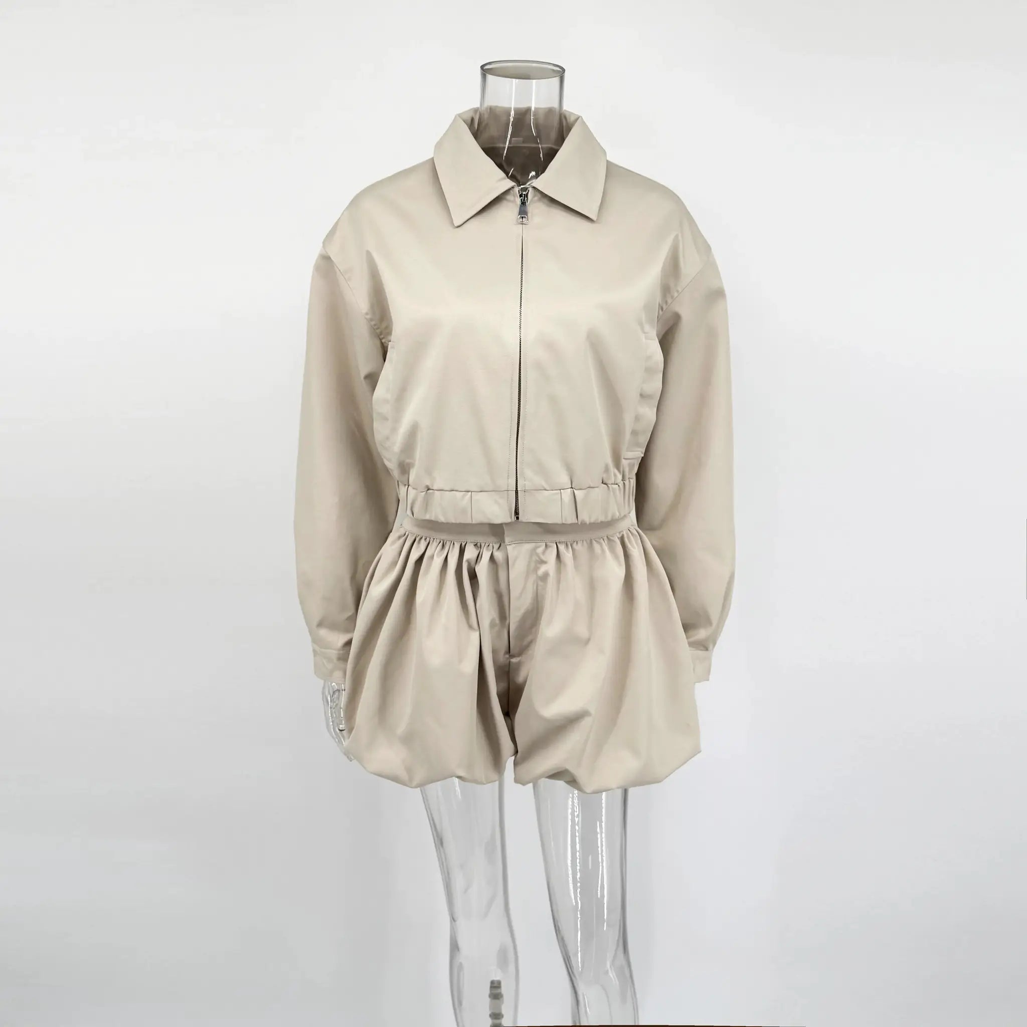 Tuularose Womens Lapel Zip Jacket Two Piece Pleated Shorts Autumn Suit