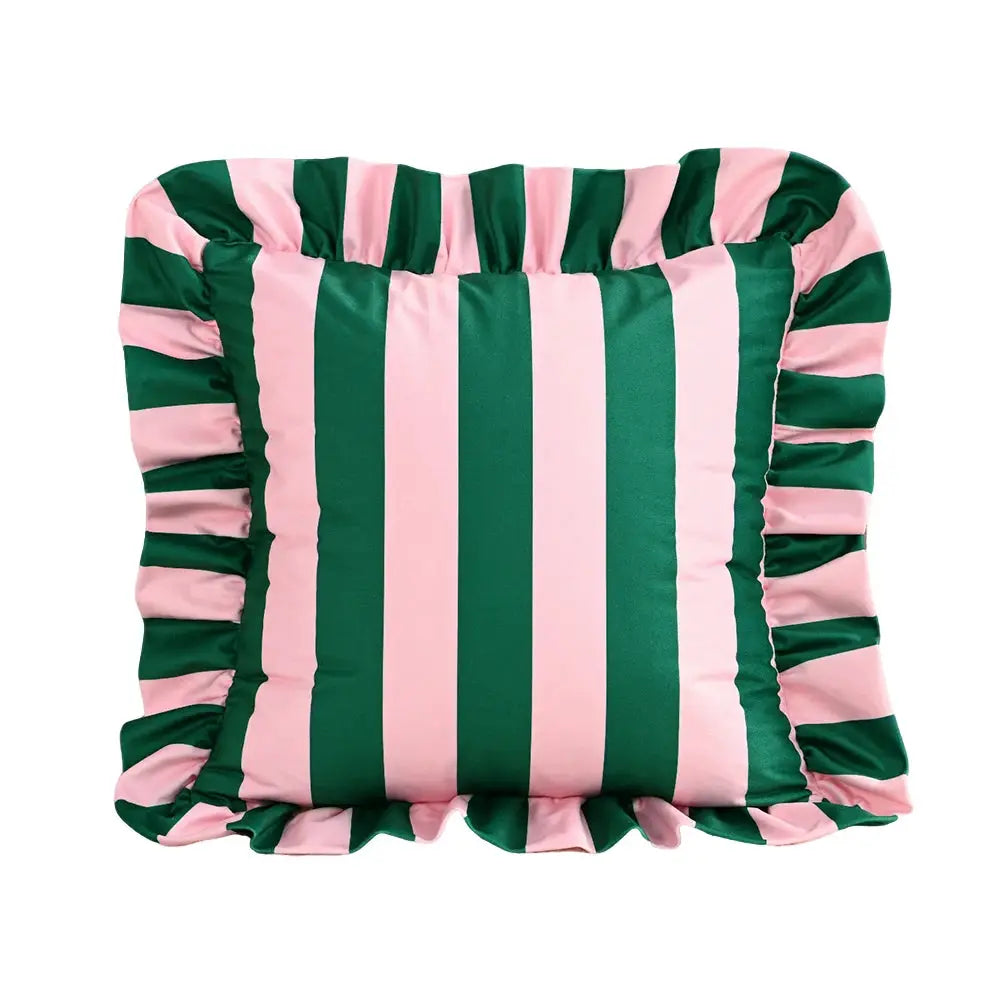 Simples Market striped velvet pillowcase, 18x18 inches, pink and green with ruffled edges