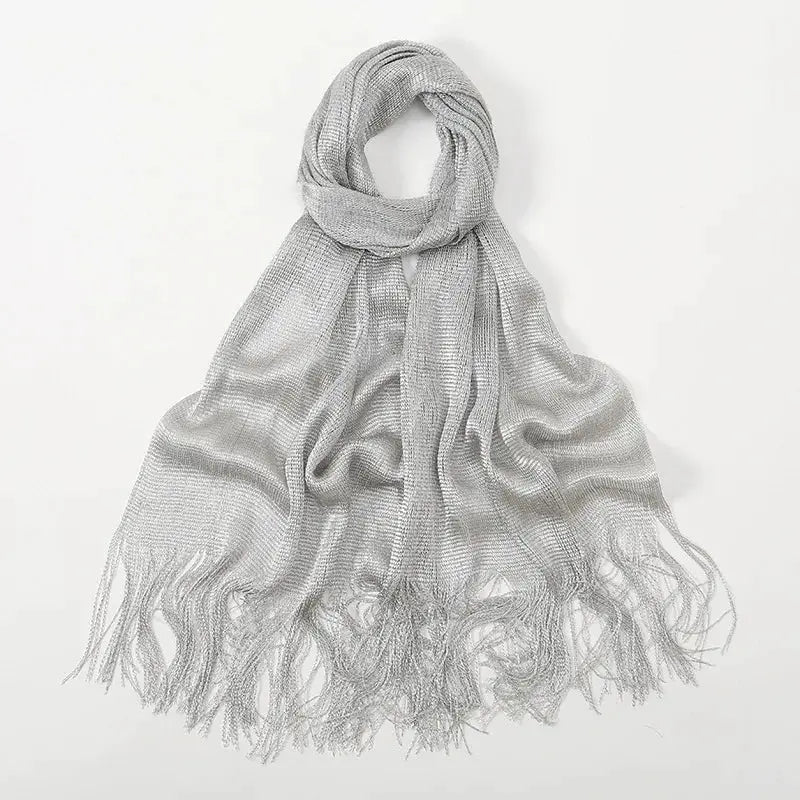 Glitter Shawl Banquet Style For Party And Evening Wear Gold And Silver Shiny Knit Scarf With Tassel