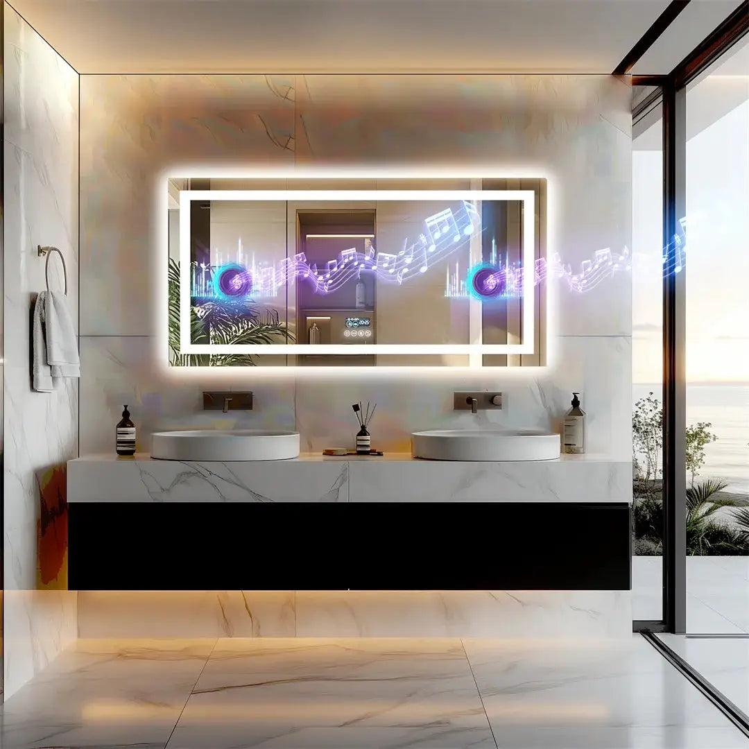 LUVODI Bluetooth bathroom mirror with LED border, anti-fog vanity mirror with built-in speaker and 3 color temps.