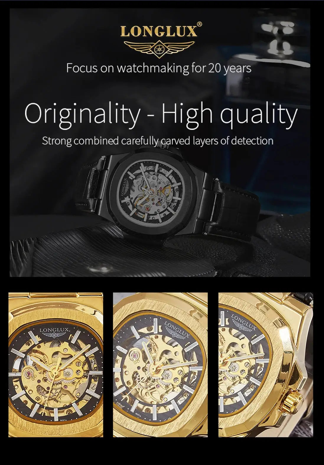 Simples Market men's automatic skeleton watches black and gold-tone, 4-piece set