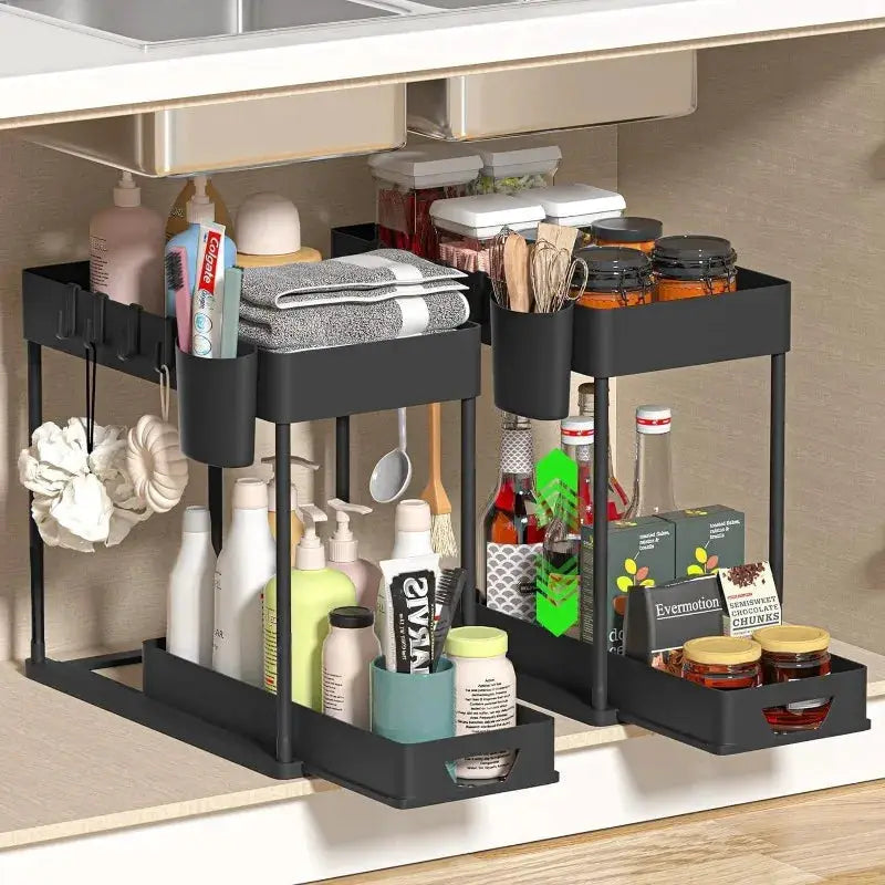 Two Tier Kitchen Sink Organizer Sliding Cabinet Basket With Hooks Hanging Cup Space Saving Rack For Kitchen And Bathroom