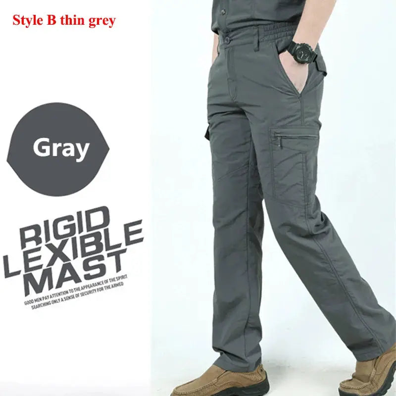 Men's gray tactical cargo pants with multiple pockets for outdoor wear