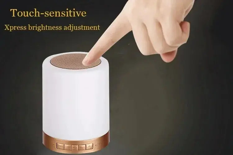 Portable sound machine with LED night light by Simples Market; white cylinder with bronze base and touch-top