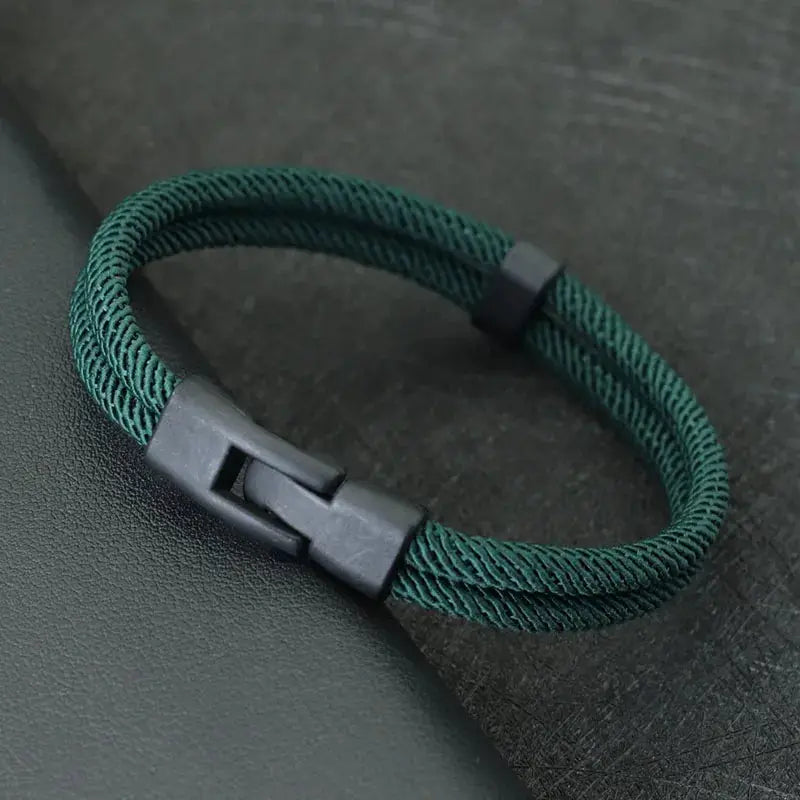 Mens double-layer rope bracelet in dark green with detachable zinc-alloy clasp
