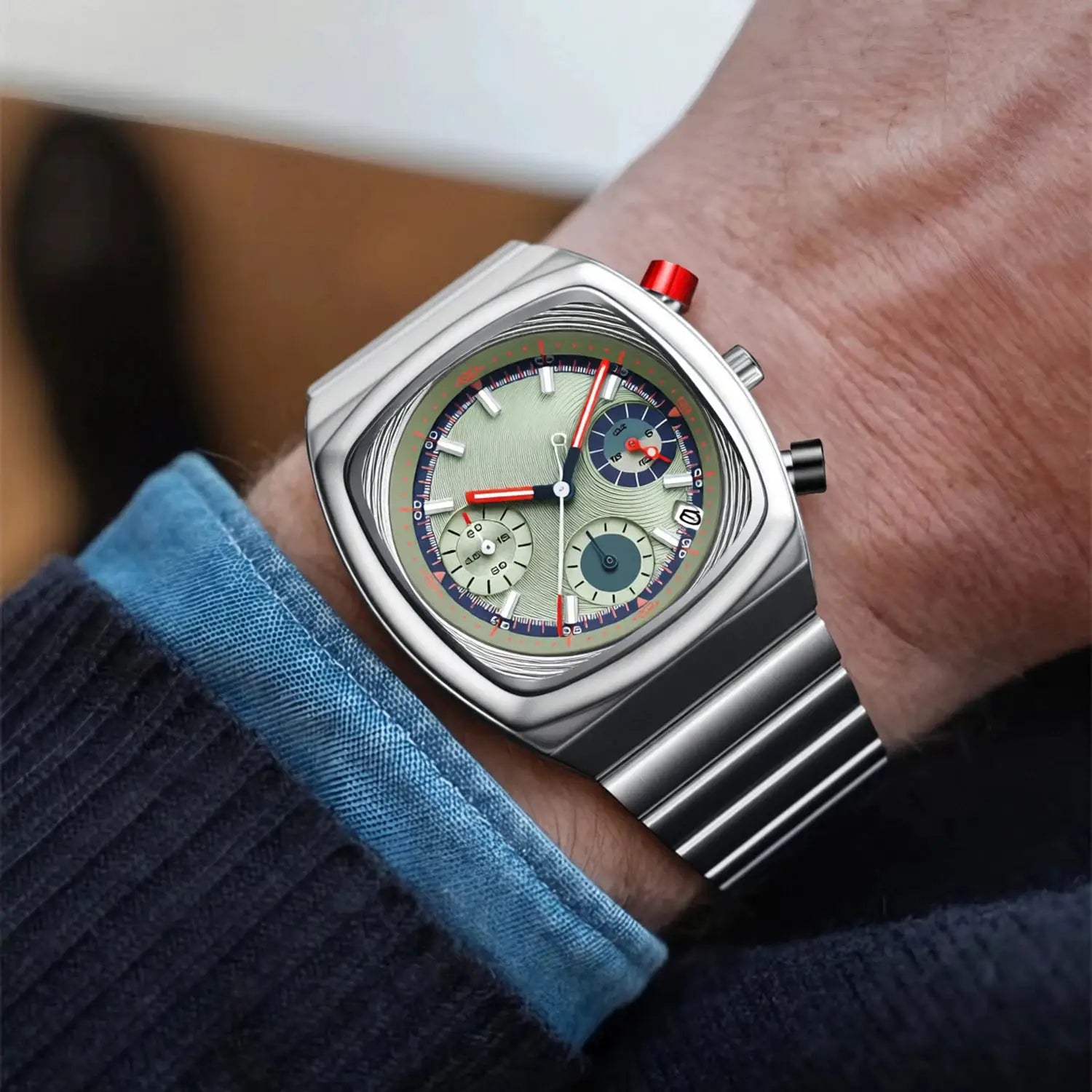 CILOA design men's stainless steel chronograph watch with multicolor dial
