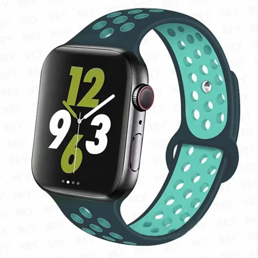 Simples Market silicone sport watch band for Apple Watch; teal perforated strap with Pride style 38–49mm.