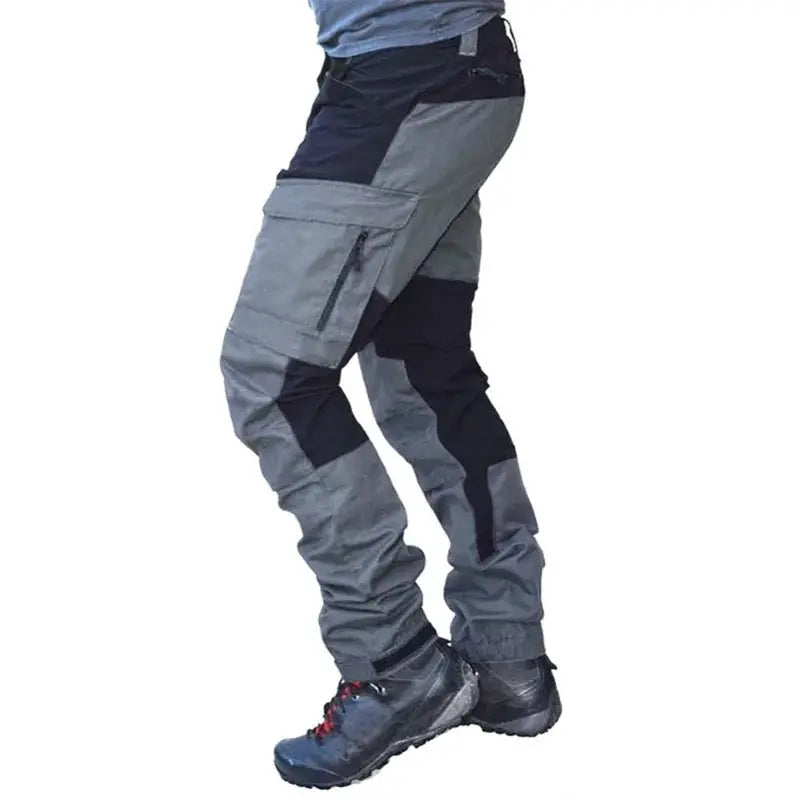 Men's outdoor tactical cargo pants by Simples Market, gray/black color blocks, quick-dry waterproof with zippered pocket