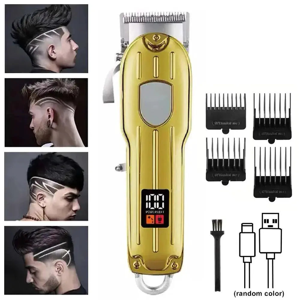 Professional hair clipper and trimmer set, Simples Market, gold with guide combs, USB charger, and brush