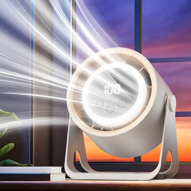 Desktop bladeless fan with ambient LED light, white finish and digital speed display on a metal stand