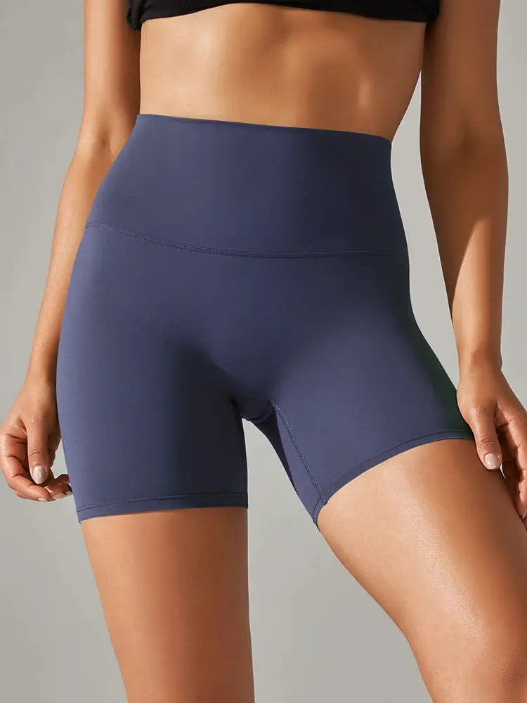 Women's navy high-waisted athletic shorts for yoga and workouts