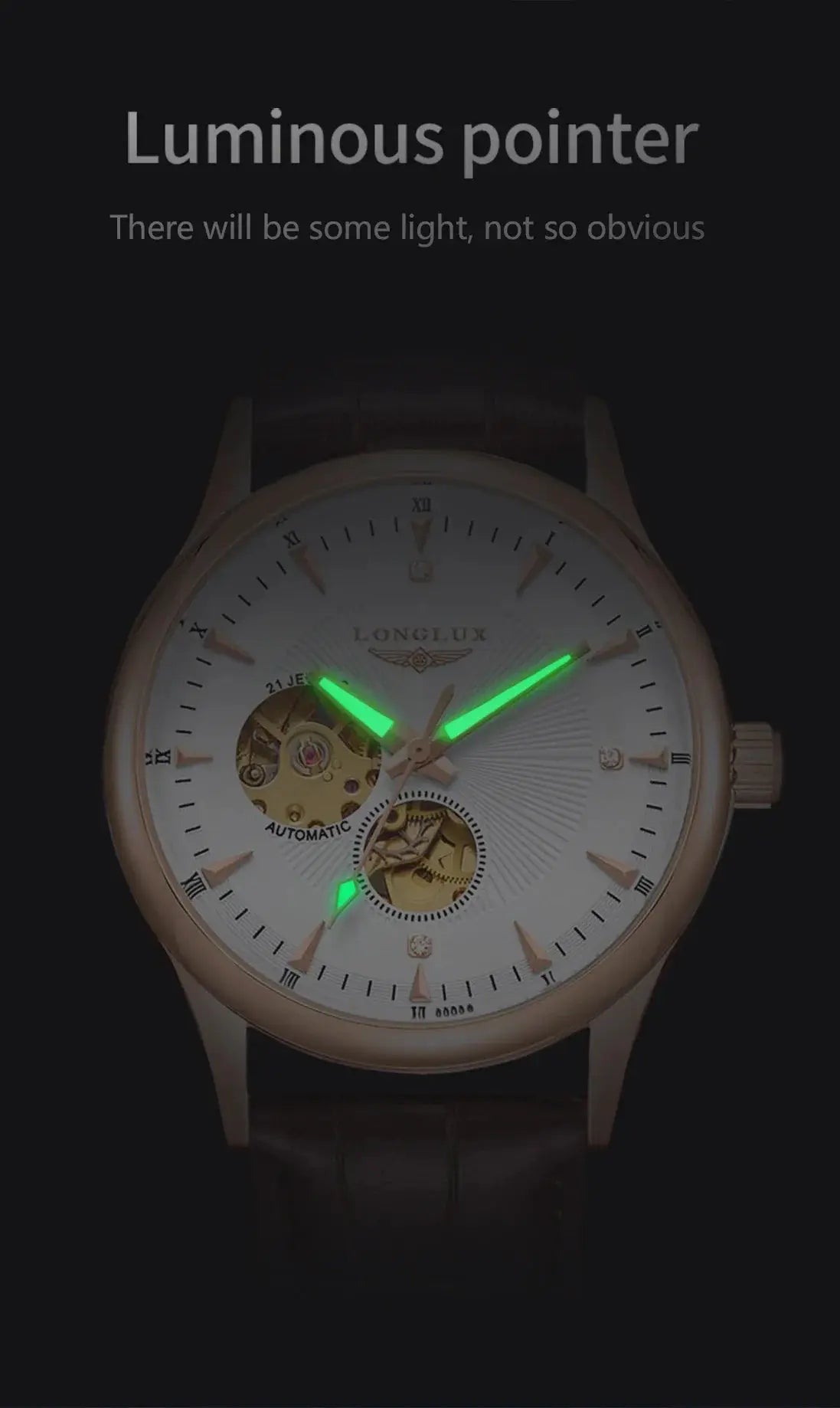 LONGLUX automatic skeleton wristwatch with luminous green hands, rose-gold case, leather strap