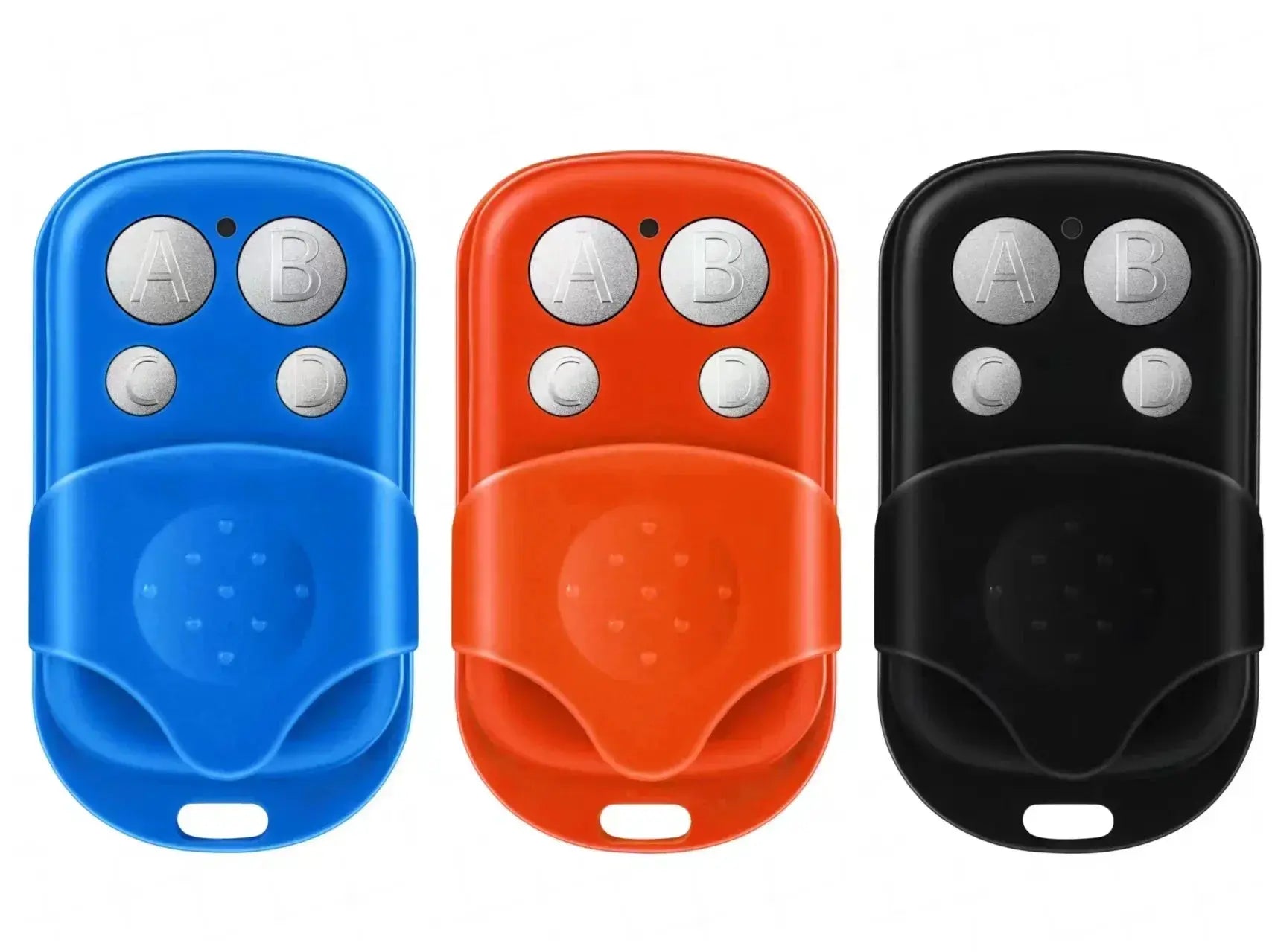 Universal garage door remote in blue, orange, and black with silver A/B buttons