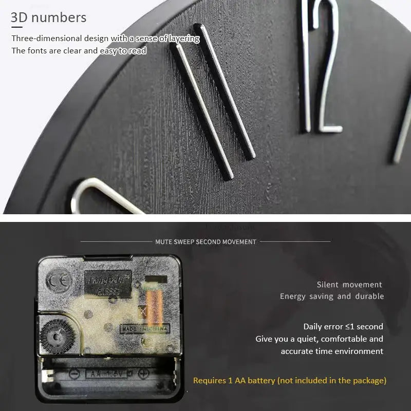 Wall clock Simples Market, 30cm black Nordic minimalist quartz with 3D numerals, no second hand, silent movement