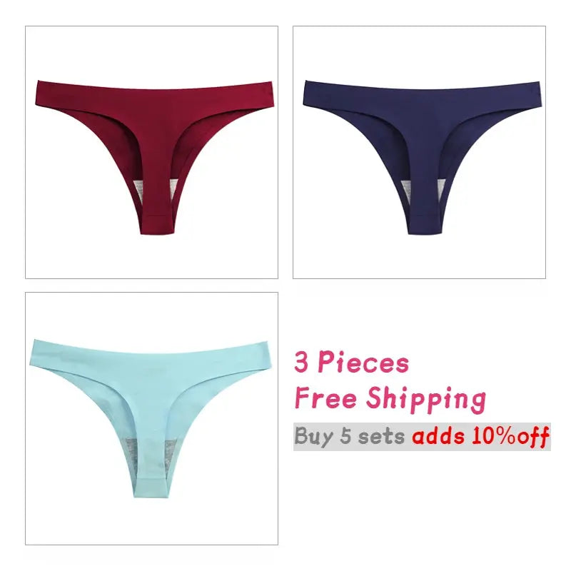 Three-piece set of seamless low-rise women's thongs in burgundy, navy, and light blue.