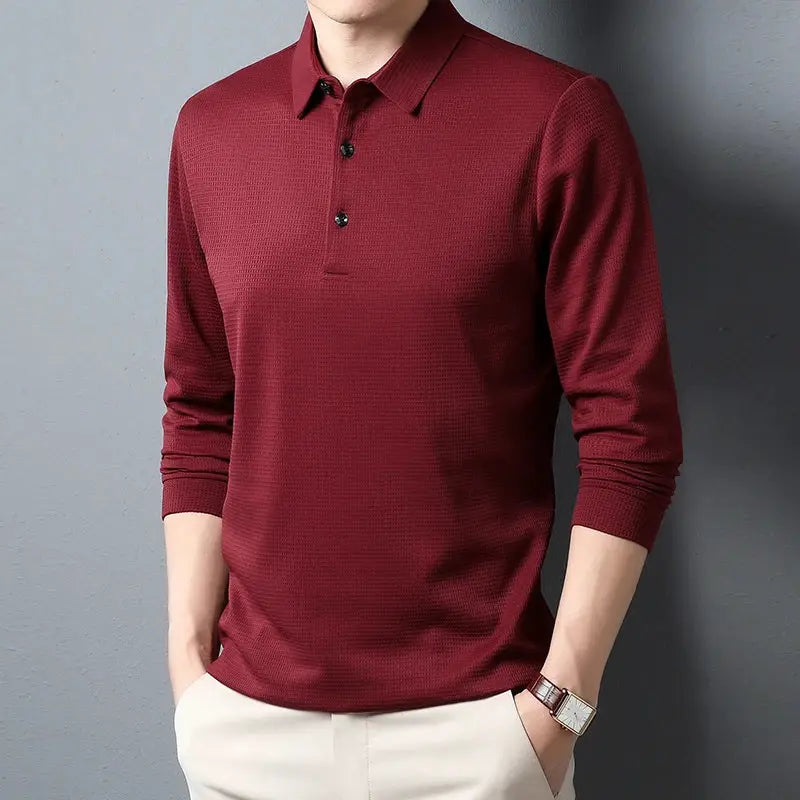 Men's burgundy long-sleeve polo shirt by Simples Market, textured knit, business casual top