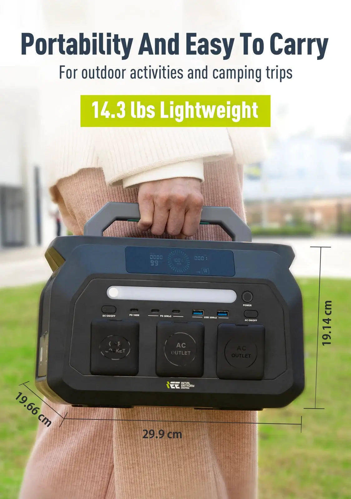 Simples Market IEE P800 portable power station with gray body, ergonomic handle, and 2x800W AC outlets