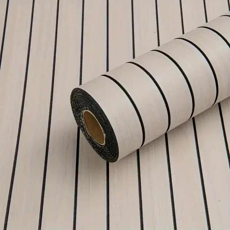 Simples Market 3D retro wood grain self-adhesive wallpaper roll; beige with dark stripes, waterproof wall/ceiling cover