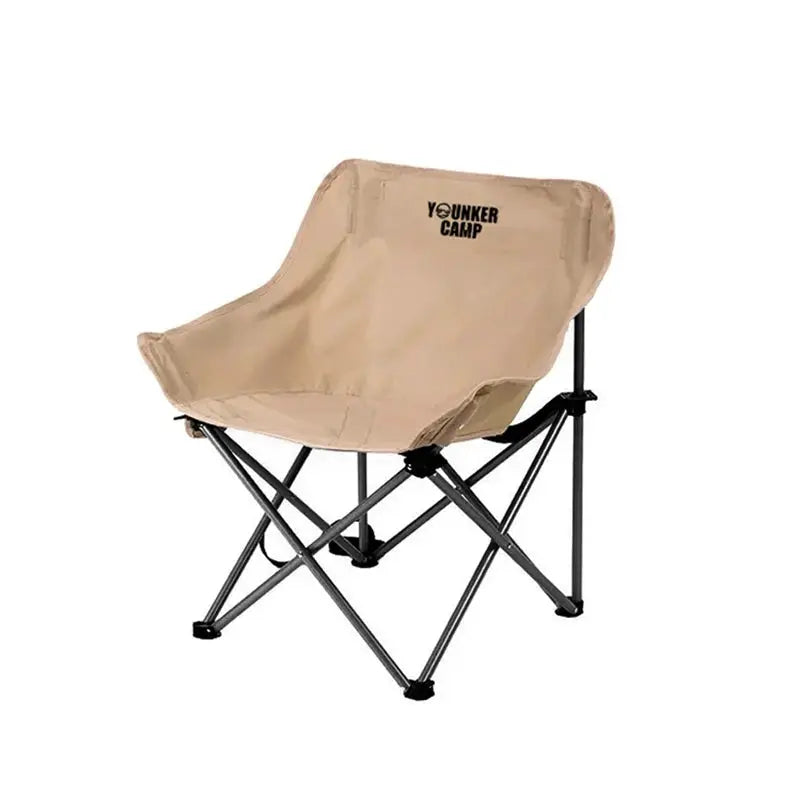 Beige outdoor folding moon chair with YOUNKER CAMP logo; lightweight portable camping seat