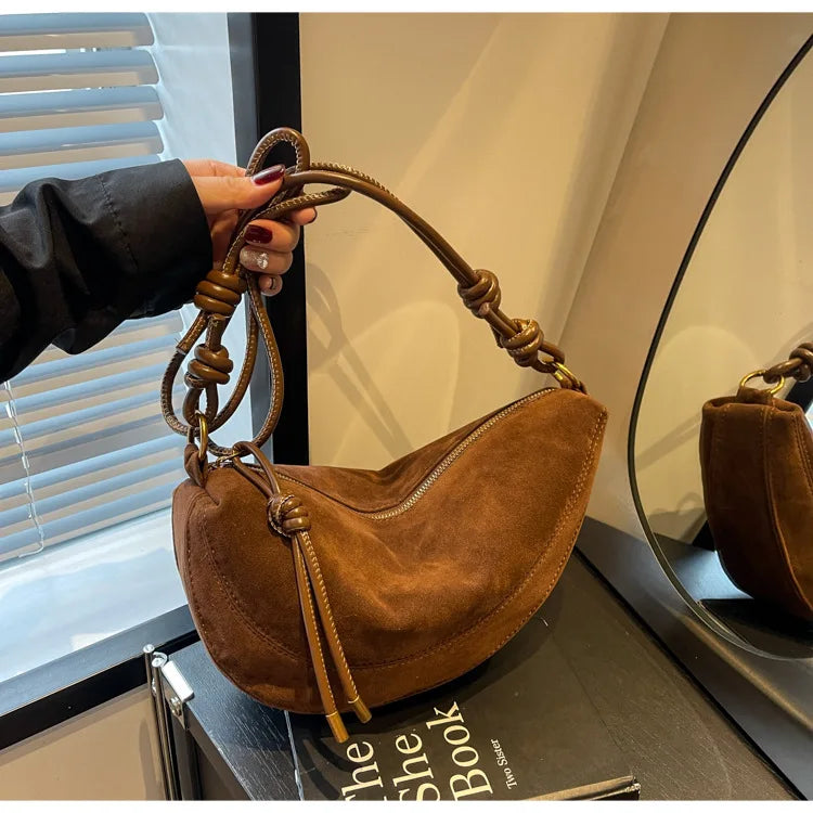 Simples Market faux suede shoulder bag for women, brown with knotted handles