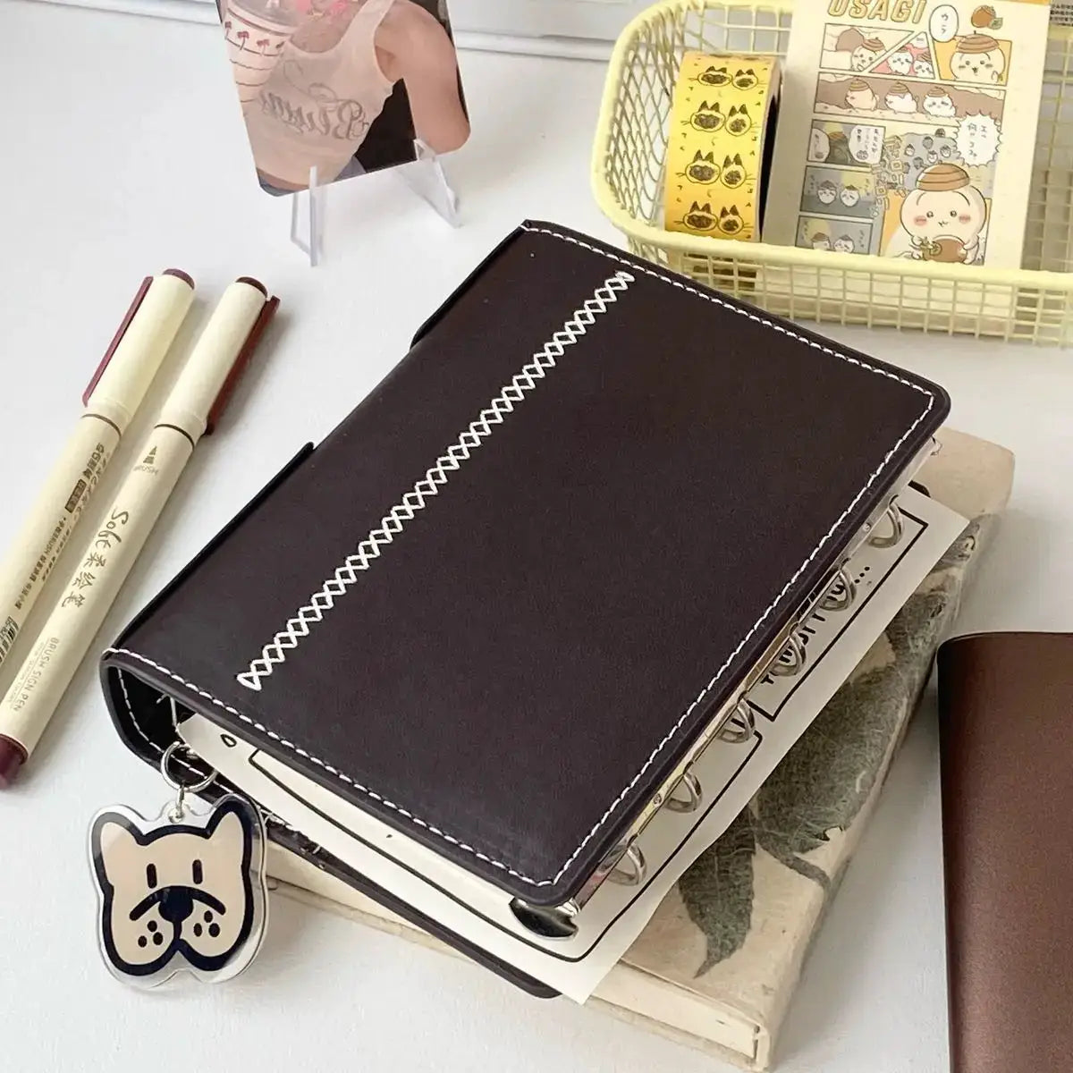 2 Binders A7 notebook in dark brown faux leather with detachable loose-leaf, 80 pages, Simples Market
