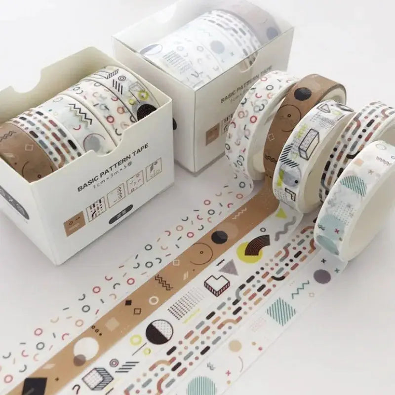 Washi tape 5-pack by Simples Market, decorative craft tape in white/brown patterns for journaling