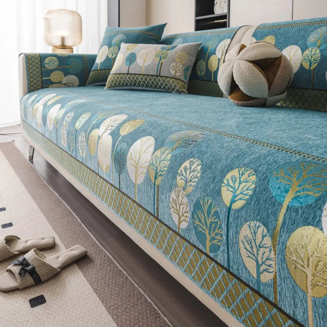 Boho full moon tree jacquard chenille sofa cover in teal; anti-slip couch protector for living room.