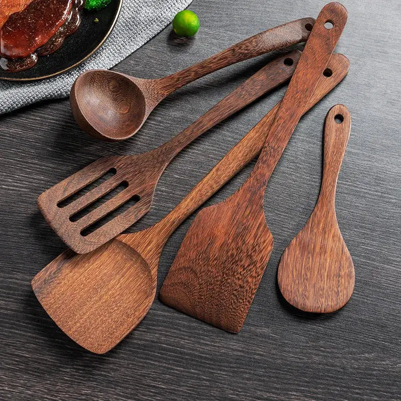 EcoWood Kitchen Utensils Set With Wooden Handles Nonstick Durable Scratch Resistant And Odor Free