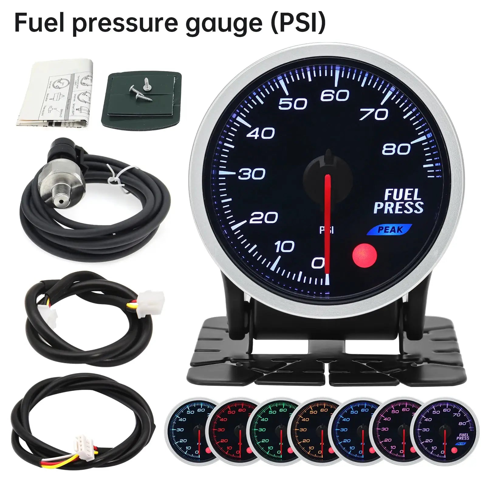 Simples Market universal 12V 52mm gauge kit with blue LED fuel pressure dial, wiring, mounts, manual, and 8 bezels.