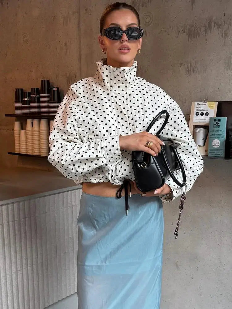 Women's Polka Dot Print Short Coat With Zipper Front Turtleneck Pockets And Drawstring Waist