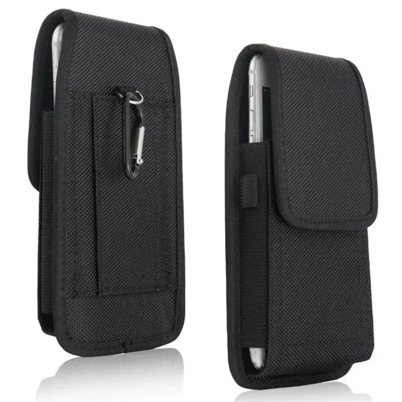 Unisex black nylon vertical waist bag with phone pouch and belt clip, Simples Market