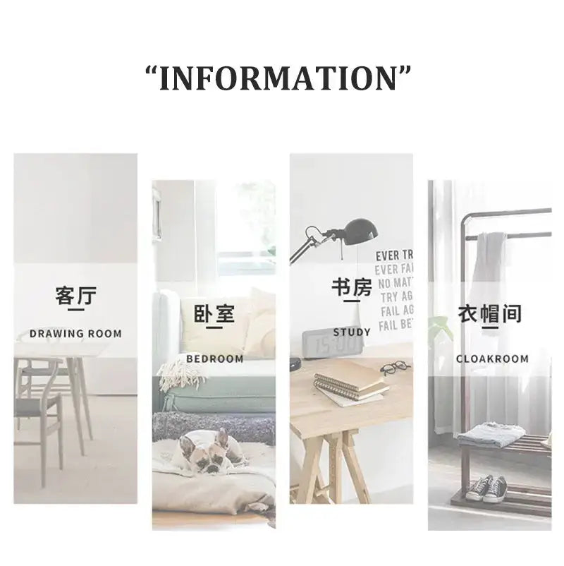 VIKAMA rug information collage showing four panels labeled drawing room, bedroom, study, and cloakroom.