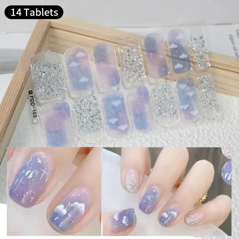 Full-cover nail sticker set by Simples Market in pastel purple gradient with white clouds and silver glitter (14 tablets)