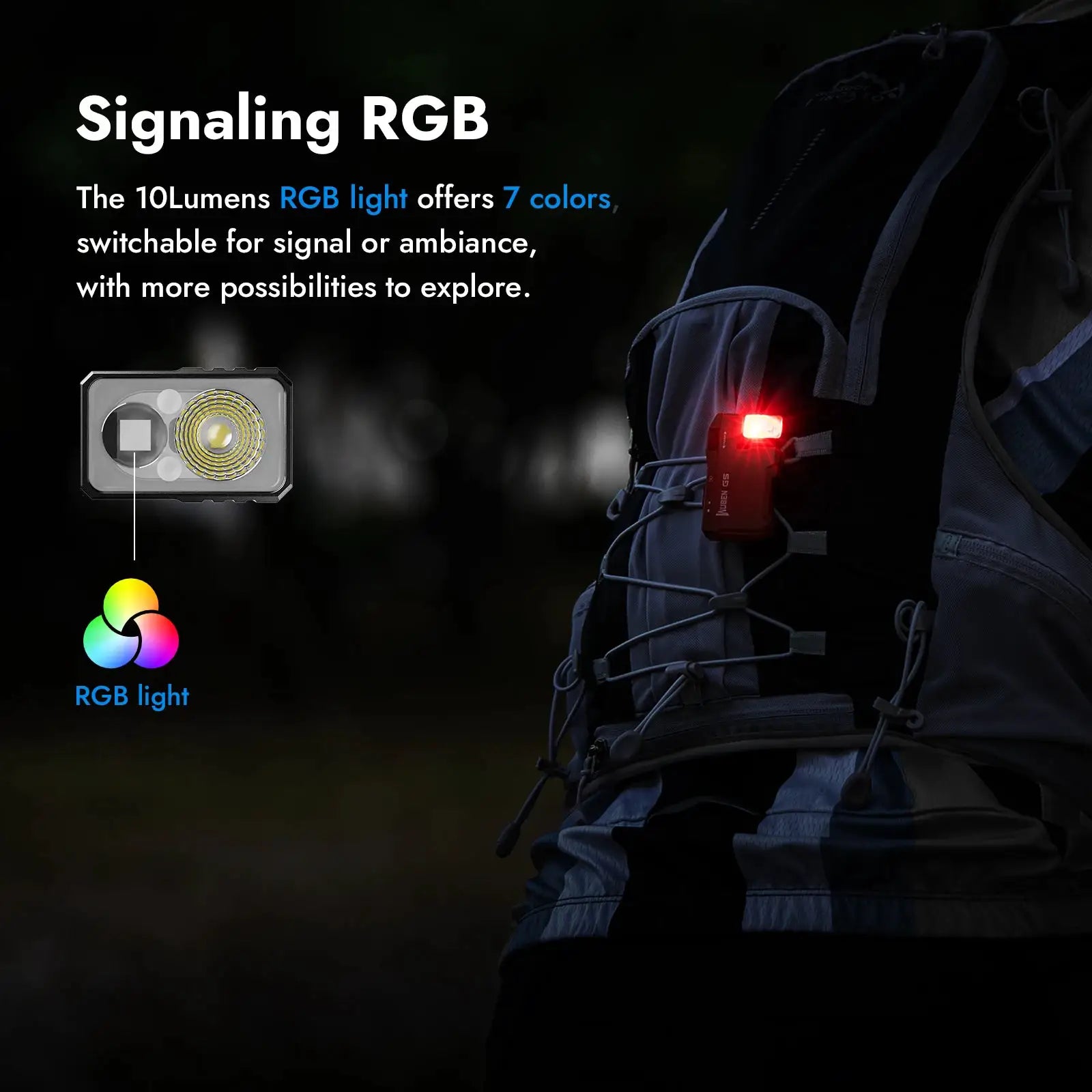 WUBEN G5 rechargeable EDC flashlight with RGB light; compact black pocket light displayed beside a backpack.
