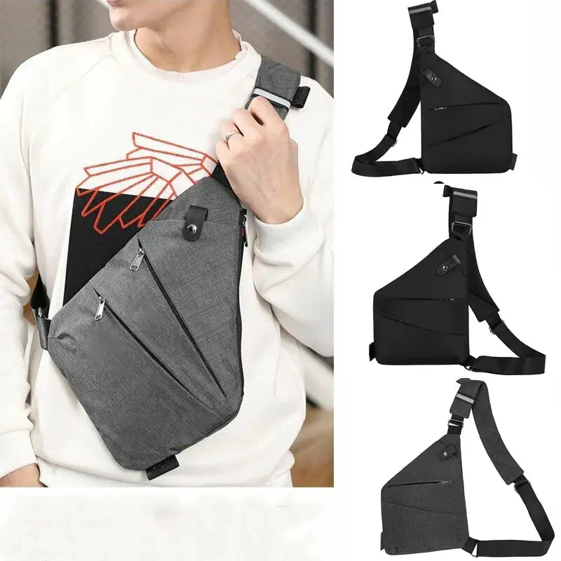 Crossbody bag in gray fabric with multiple zip pockets and an adjustable strap