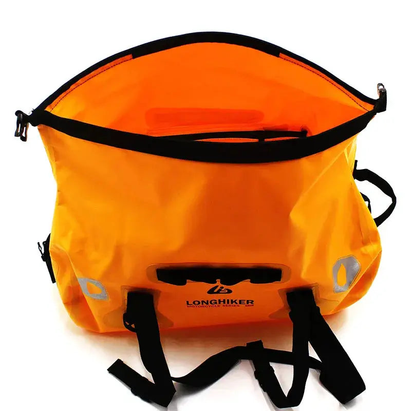 Duffle bag orange waterproof 40L-120L with black straps and Longhiker logo