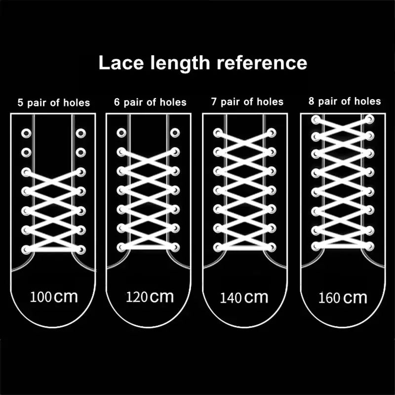 Shoelaces length reference chart with 100–160 cm options for 5–8 eyelet shoes
