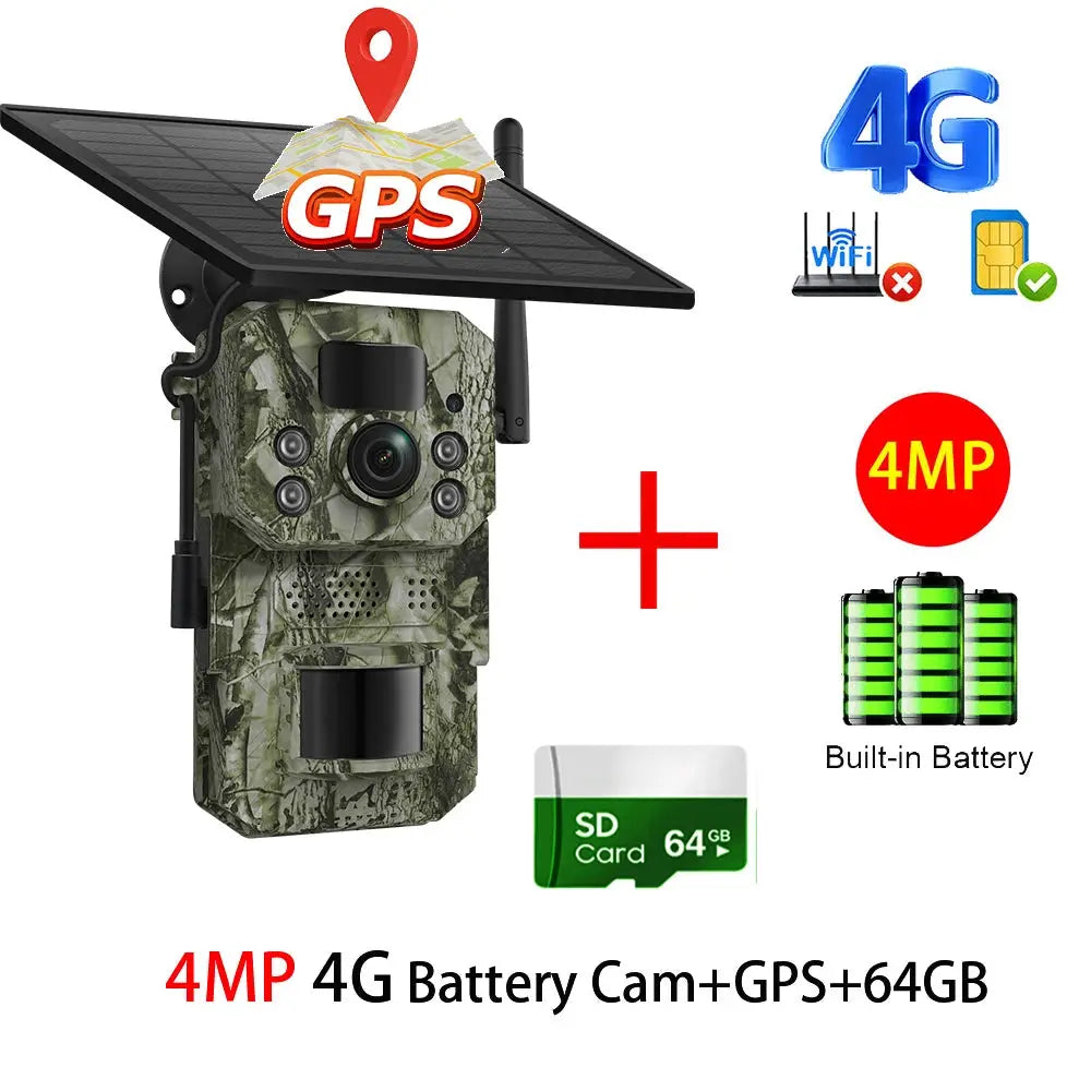 Simples Market INQMEGA4G 2K 5MP PIR trail camera with solar panel, built-in battery, 64GB SD card, camouflage