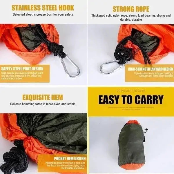 Outdoor single camping hammock by Simples Market in orange nylon parachute fabric with metal carabiners.