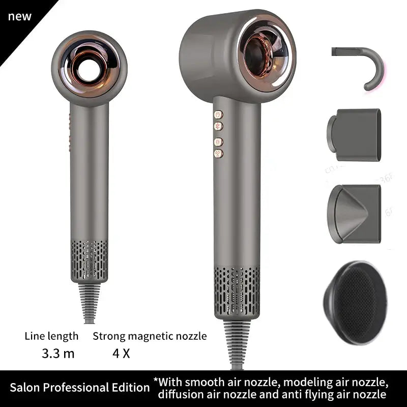 Super Hair Dryer 220V by Simples Market; grey leafless ionic hair dryer with 4 magnetic nozzles