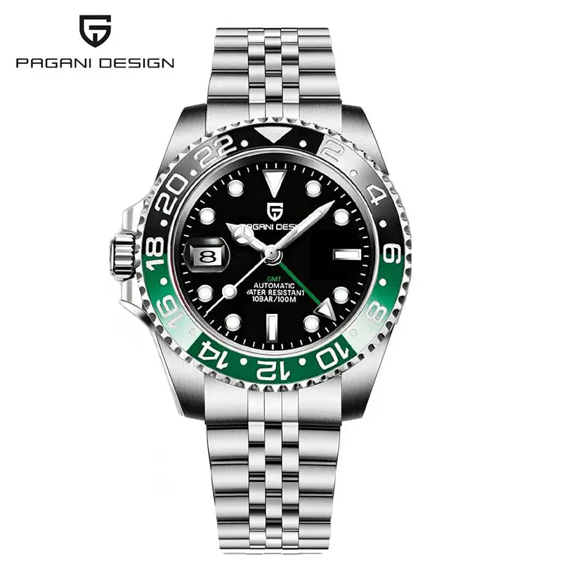 Pagani Design 40mm GMT stainless steel wristwatch with black dial, green/black ceramic bezel, 100m water resistant