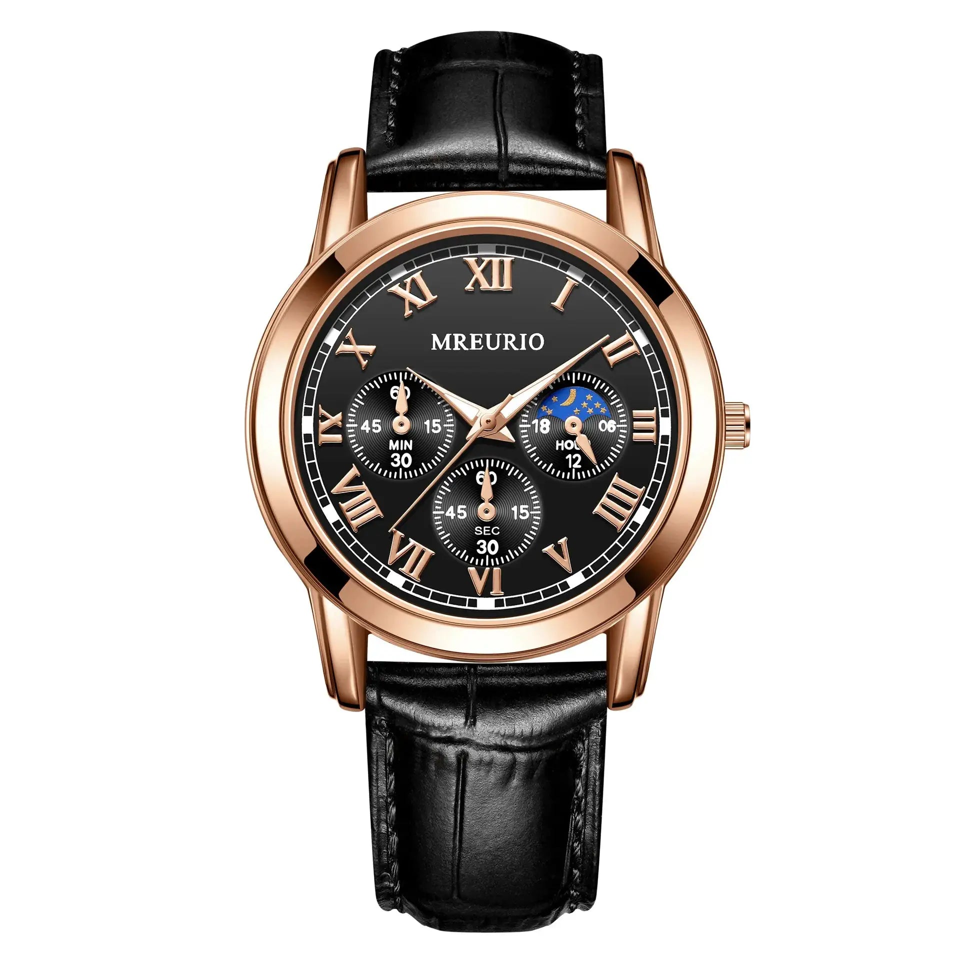 NovaLux Moon Phase Chronograph Leather Mens Watch With Luminous Hands And Complete Calendar